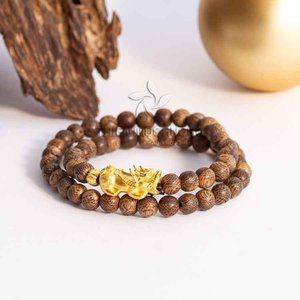 Agarwood Bracelet 54 beads With Pixiu Golden Charm